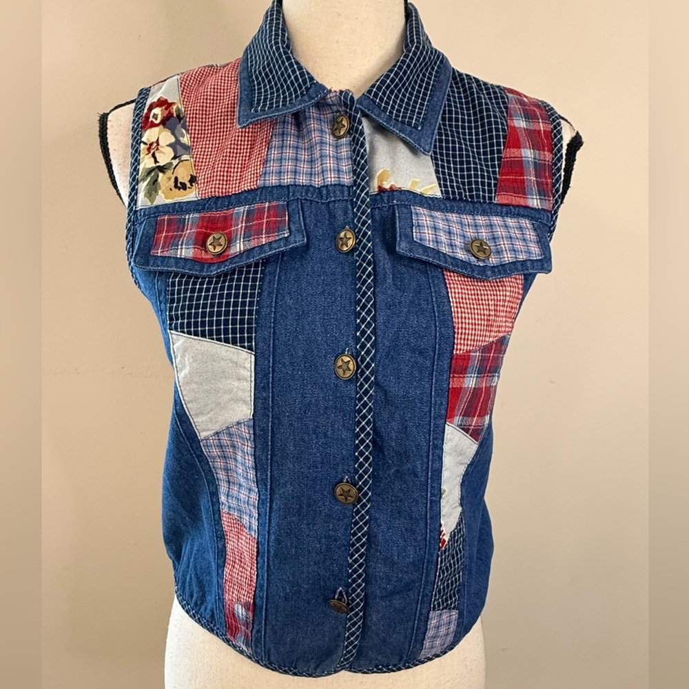Koret vintage denim western vest patchwork floral button up SZ SP - Picture 5 of 12